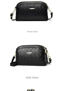 Front and side views of a black quilted shell crossbody bag with golden hardware