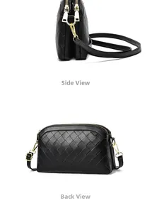 Side and back views of black woven leather crossbody shell bag with gold zippers