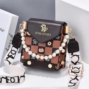 Checkerboard pattern crossbody bag with pearl chain and printed wide shoulder strap
