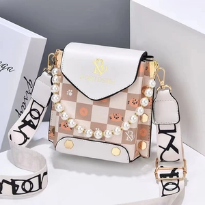 Mini checkered crossbody bag with cat patterns, pearl handle, and wide strap