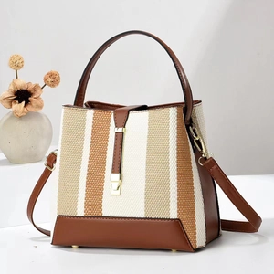 Sac Seau Femme Toile Rayée Cuir PU Sac Bandoulière Sac À Main Avec Fermoir Doré Et Bandoulière Réglable