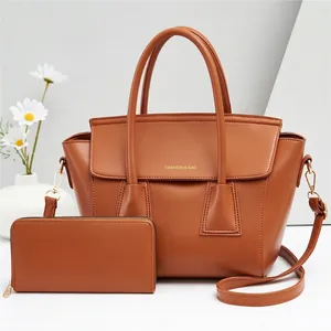Brown faux leather 2-piece tote bag set with matching long wallet and shoulder strap