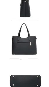 Vue détaillée du côté, du dos zippé et des pieds en métal du sac à main en cuir noir