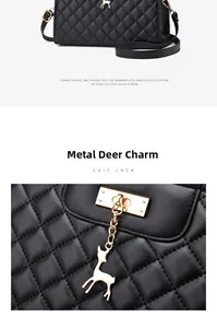 Detail of black quilted leather shoulder bag featuring a unique golden deer charm lock