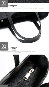 Détail du sac cabas noir en cuir PU avec fermeture éclair dorée et fermoir magnétique