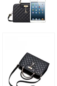 Detailed top view of black quilted crossbody bag showing gold handle and iPad size comparison