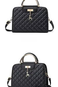 Front and side view of black quilted crossbody bag with gold round handle and deer pendant