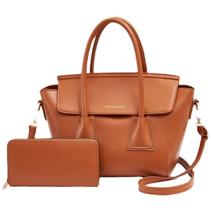 Brown leather tote bag and wallet set with detachable strap in matte finish