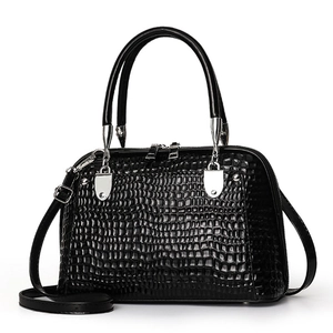 Elegant black crocodile pattern shell bag with silver hardware and top handles