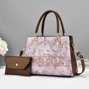 Pink printed tote and brown pouch set with premium contrast leather and top handles