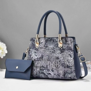 Embroidery Floral Tote And Pouch Shoulder Handbag Women PU Leather Contrast Color Large Capacity Elegant Fashion Bag