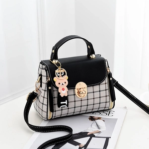 Checkered Handbag PU Leather Grid Fabric Gold Turn Lock Single Handle Detachable Strap Bear Charm Crossbody Bag Women
