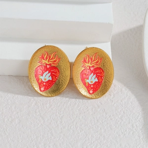 Boucles d'oreilles ovales plaquées or 18 carats avec cœur sacré et motif d'oiseau