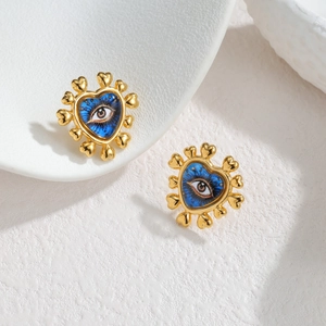 18k gold plated stainless steel heart shaped evil eye stud earrings with blue pupil detail