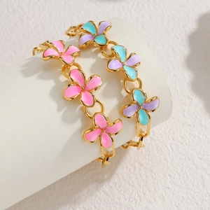 18k gold plated stainless steel flower bracelets with colorful enamel inlay in pink and purple