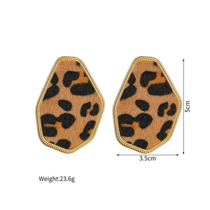Detail view of leopard print geometric earrings showing 5cm height and 23.6g weight specs