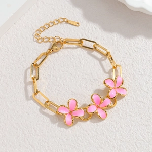 Bohemian 18k gold plated stainless steel paperclip chain bracelet with pink enamel flowers