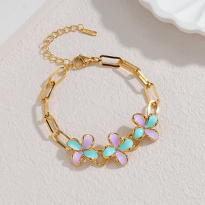 18k gold plated stainless steel bracelet featuring colorful enamel flower charms