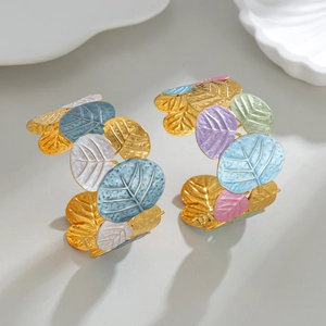 18k gold plated stainless steel wide leaf cuff bracelet with colorful enamel floral details