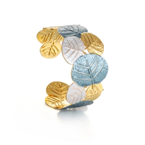 Wide 18k gold leaf cuff bracelet with colorful enamel details on a white background