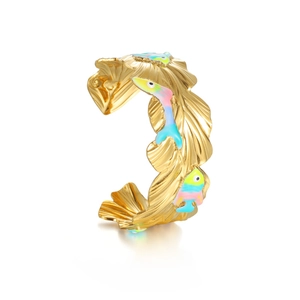 Gold 18k plated wide bangle with colorful enamel fish motifs and wave textured relief