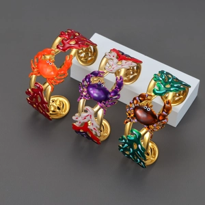 Stainless Steel 18K Gold Plated Crab Coral Enamel Open Cuff Bracelet For Women Marine Theme Jewelry Non-Tarnish
