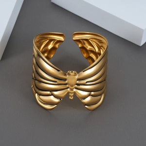 Butterfly Open Cuff Bracelet Stainless Steel Wide Band Gold Plated Niche Design Fashion Jewelry Accessory For Women
