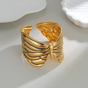 Minimalist 18k gold butterfly wide cuff bracelet with adjustable open design and matte finish