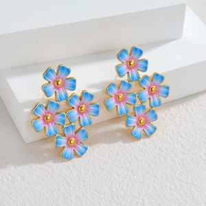 Boucles d'oreilles fleurs en acier inoxydable doré 18k avec émail dégradé bleu et rose