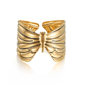 Chic 18k gold plated stainless steel butterfly cuff bracelet with black wing details