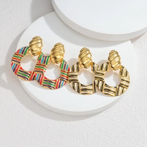 Plaid woven hollow round hoop earrings with colorful enamel stripes and metal finish