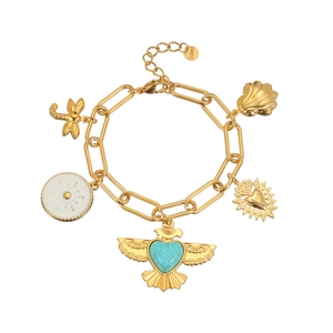 Bracelet en acier inoxydable plaqué or 18k avec breloques d'oiseau turquoise et de libellule