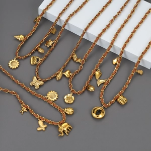 Luxury Stainless Steel Woven Leather Cord Necklace With 18K Gold Plated Flower Elephant Butterfly Pendant Retro Jewelry