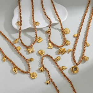 Luxury gold stainless steel woven leather chain necklace with mixed geometric charms