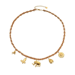 Gold stainless steel sweater necklace with mixed animal charms and woven brown cord