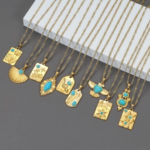 Collier Pendentif Turquoise Bohème Acier Inoxydable Plaqué Or 18K Bijoux Ethniques Vintage Pour Femmes