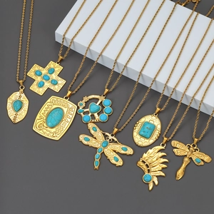 Collier Pendentif Acier Inoxydable Turquoise Plaqué Or Bohème Vintage Libellule Plume Croix Bijoux Ethniques Femmes