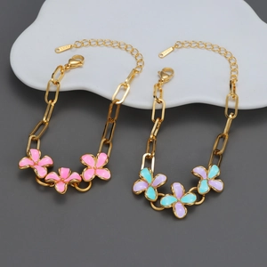 Enamel Flower Charm Bracelet Stainless Steel Gold Plated Paperclip Chain Adjustable Elegant Fashion Jewelry For Women
