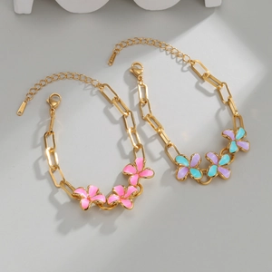 Golden stainless steel enamel flower bracelets with colorful petals and adjustable chain