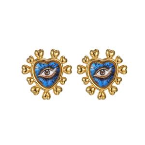 18k gold plated stainless steel heart stud earrings with evil eye design on white background