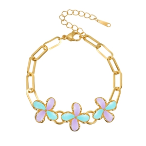 18k gold plated stainless steel bracelet with colorful floral enamel charms