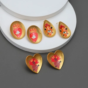 Boucles D Oreilles Coeur Sacré Acier Inoxydable Plaqué Or 18K Vintage Email Style Art Coeur Goutte Ovale Pour Femmes