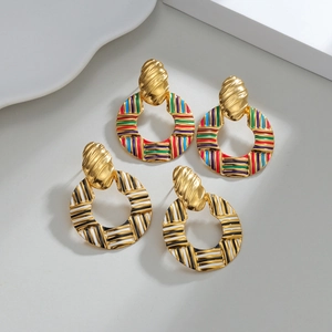18k gold plated stainless steel wave earrings with colorful and black-white enamel stripes