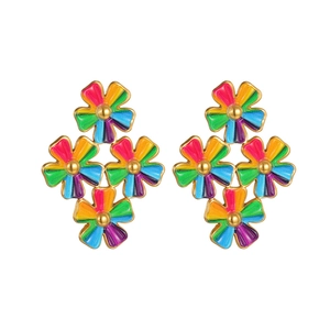 Boucles d'oreilles fleurs vintage en acier inoxydable doré 18k avec émail coloré