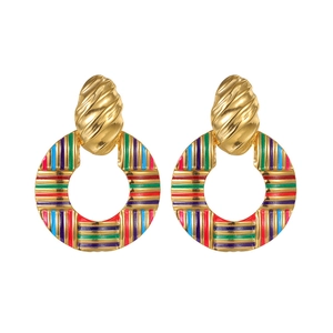 Retro 18k gold wave round earrings with colorful enamel stripes on white background