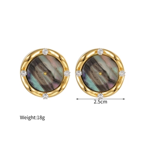 Detailed view of vintage round earrings with colorful shells and 2.5cm diameter scale