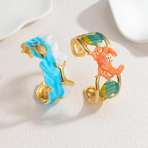 Bracelet jonc ouvert crabe en acier inoxydable avec motifs de poissons marins
