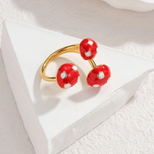 Elegant 18k gold plated open ring with three cute red mushroom enamel details