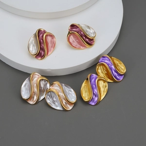 Boucles D'oreilles Puces Vagues Irrégulières Acier Inoxydable Plaqué Or 18K Émail Style Artistique Rétro Bijoux Femme