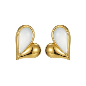 Elegant 18k gold plated asymmetric heart stud earrings with white resin inlay details